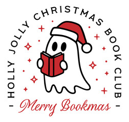 Christmas book club cute ghost reading group bookish holly jolly merry bookmas library greetings shirt design. Retro vintage spooky creepy preppy xmas aesthetic funny quotes printable sticker clipart. © Pictandra