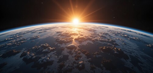 Sunrise view from space on Planet Earth. High detailed 4k 3D Render animation.  