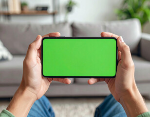 Close-up of hands holding a smartphone with a green screen, in a living room setting.