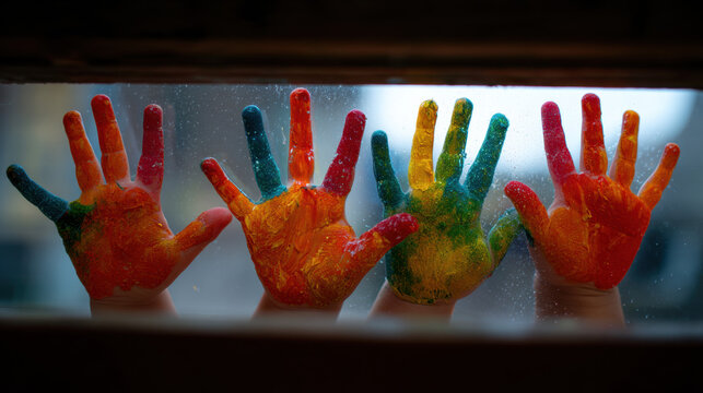 Four colorful painted children’s handprints pressed against glass with bright playful colors