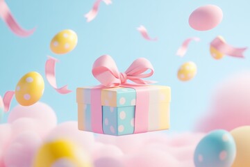 Colorful Easter box overflowing with pastel eggs in a cheerful sky-blue background