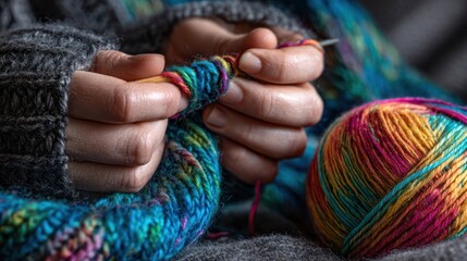 Knitted work-in-progress held in hands; warm, woolen