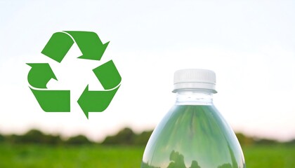 A vibrant green recycling symbol is prominently displayed against a backdrop of a clear plastic water bottle and a grassy field.