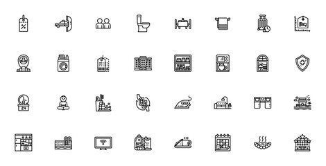 Hotel and resort icon set. Vector illustration. Includes symbols for discount, taxi, luggage, room, booking, swimming pool, breakfast, reception and more. Editable stroke.