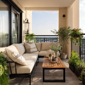 Modern balcony with comfy seating, plants, and city view