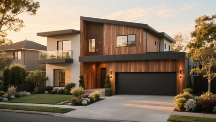 Modern Two-story Residential House with Wooden and White Exterior and Large Garage in Sunset Light