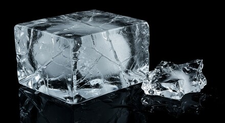 Textured natural ice block with cracks, on a black background with reflection. A melting piece of ice.