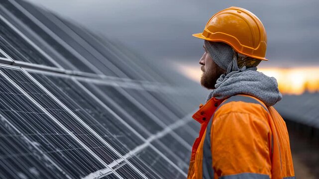 A male engineer in an orange safety vest and hard hat inspects rows of solar panels. He is checking the renewable power equipment on a cloudy day.