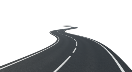 Pristine asphalt road, winding gently with crisp white lane markers, empty, on a transparent seamless studio background, soft lighting, concept of strategic progress