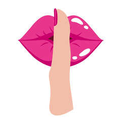 Girl or female lips with finger. Quiet, silence, shhh concept.    isolated on white background flat