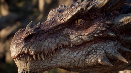 Obraz premium Majestic Dragon Close-Up: Intricate Details of a Mythical Creature Face with Sharp Eye