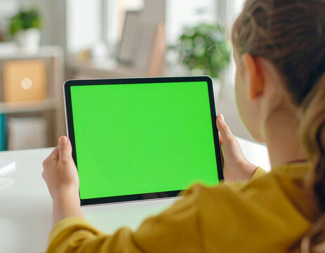 Young girl seated at a desk, looking at a tablet with a green screen.