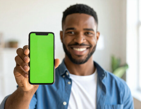 Smiling man holding a smartphone with a green screen display.