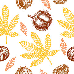 Chestnuts seamless pattern. Chestnut leaves and fruits sketch seamless background. Colored sketch on a white background.