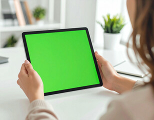 woman using tablet with green screen