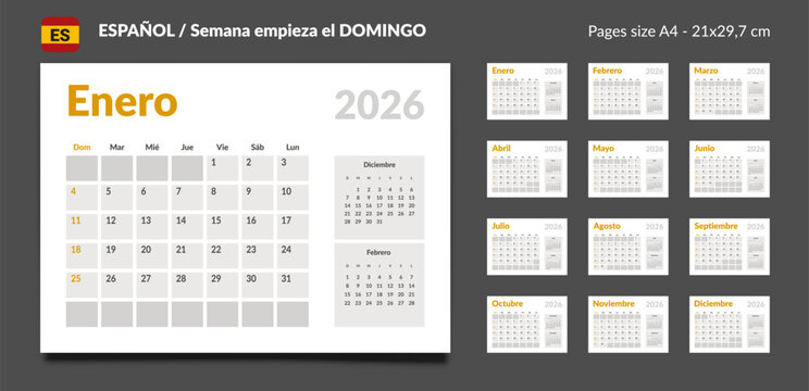2026 Spanish language Set of Monthly pages Calendar Planner Templates. Vector layout of a wall or desk simple calendar with week start Sunday for print. Pages size A4 21x29.7cm