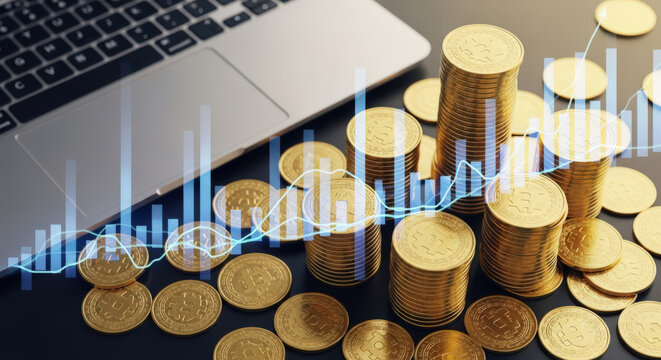 Laptop with Gold Coins and Financial Chart Overlay Representing Investment Growth and Digital Economy Success in Online Trading and Cryptocurrency Markets