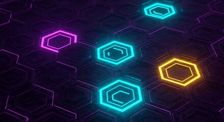 Abstract digital hexagons with glowing neon lights on a dark background, futuristic concept