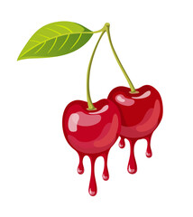 Red dripping cherries. illustration in hand drawn cartoon style isolated on white. Cute coquette cherries love design