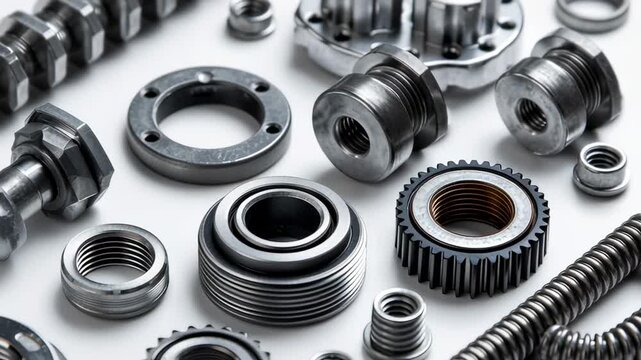A collection of various mechanical parts and automotive components like gears, bolts, and bearings are laid out in a group on a white surface.
