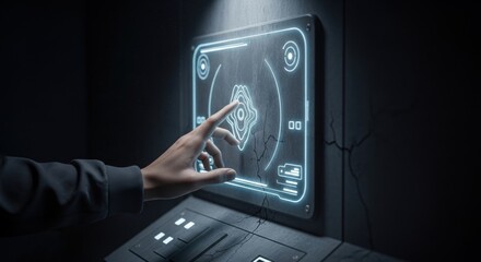 Man interaction with futuristic user interface. Digital touch screen showing data. Technology concept for data analysis and scifi.