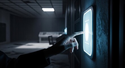 Person finger pressing glowing button. Futuristic control panel with bright blue light. Human hand touching digital screen, technology concept.