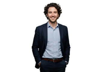 Young caucasian man, early 30s, dark curly hair, smiling confidently in smart-casual attire, standing against a bright white studio background, high-key lighting. Concept of professional success