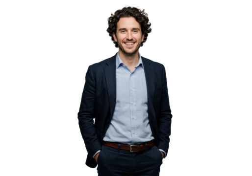 Young caucasian man, early 30s, dark curly hair, smiling confidently in smart-casual attire, standing against a bright white studio background, high-key lighting. Concept of professional success