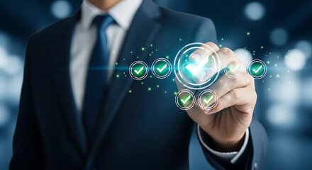 Businessman selecting a verified checkmark on a digital interface, symbolizing quality assurance and successful business strategy