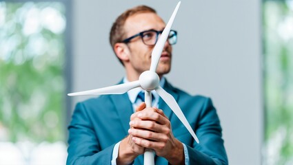 Person in blue suit holding wind turbine model indoors, with greenery in background. Professional setting highlights innovation and commitment to sustainable energy solutions.