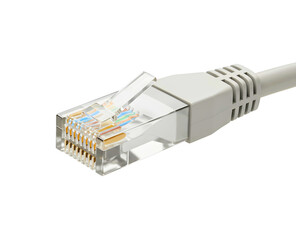 Close up of a silver ethernet cable connector on a white background