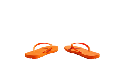 Bright orange, new rubber flip-flops on transparent sand at tranquil tropical beach, clear turquoise ocean, bright blue sky, soft natural light, shallow depth-of-field. Concept of ultimate