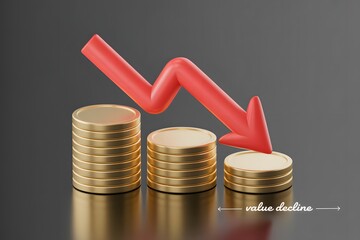 Illustrative Representation of Economic Downturn with Falling Arrow and Stacked Coins Conveying Financial Loss
