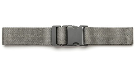 A gray woven belt with a plastic buckle is centered on a white background