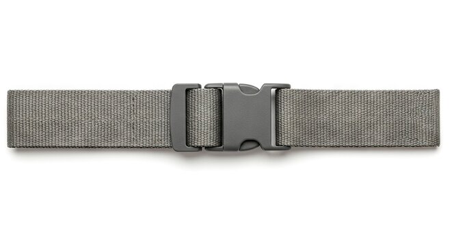 A gray woven belt with a plastic buckle is centered on a white background