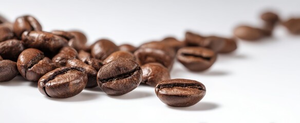Fototapeta premium The coffee beans scattered across a bright white surface with shallow depth of field