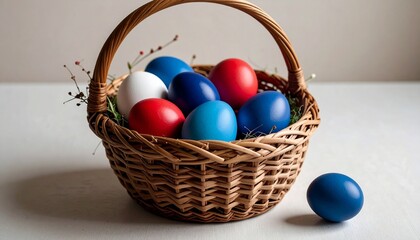 Naklejka premium Wicker basket with colorful eggs and festive twigs.