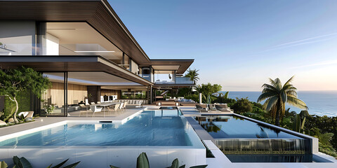 Obraz premium Luxury modern villa with infinity pool overlooking ocean at sunset 
