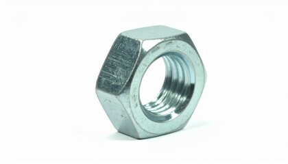 Hex nut close-up on white background.