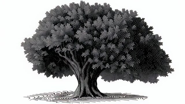 A large, solitary tree with a thick trunk and a full canopy stands in an empty field, drawn with a classic monochrome engraving technique.