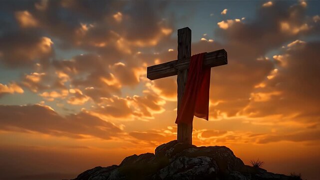 The cross of Jesus Christ on a hill at sunset, symbolizing the crucifixion and resurrection