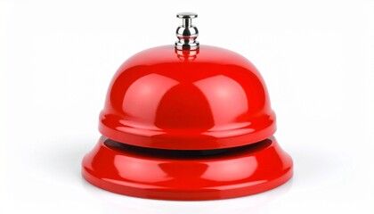 Red service bell with silver button on white background.