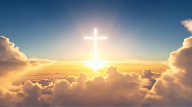Glowing Christian cross shining in the sky above the clouds, symbolizing resurrection and hope