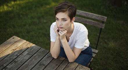 top view of single pensive woman sitting at table