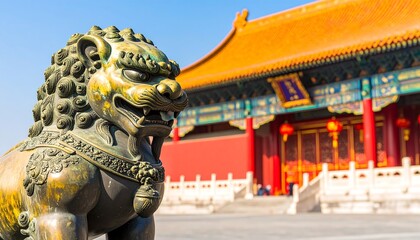 A bronze guardian lion statue stands guard in front of a magnificent, ancient Chinese temple.