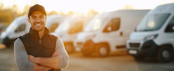 The Delivery Driver Standing Confidently in Front of a Fleet of White Vans