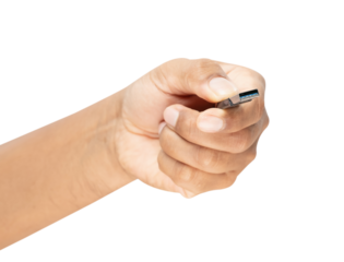 Hand holding usb stick on white background