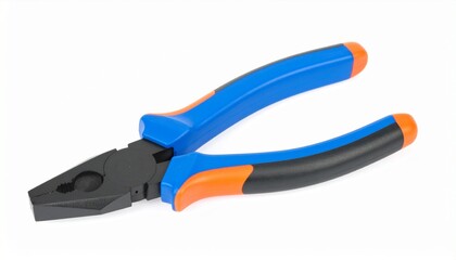 Obraz premium Pliers and cutters with orange-blue handles on white surface.