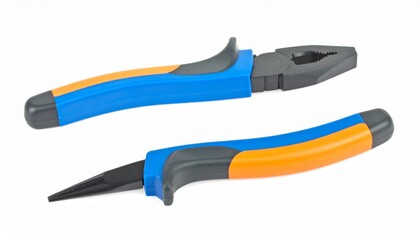 Obraz premium Pliers and cutters with orange-blue handles on white surface.