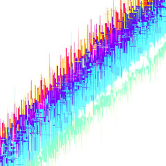 A vivid explosion of colorful lines forming a diagonal glitch pattern on a clean white backdrop, symbolizing digital noise and energy flux